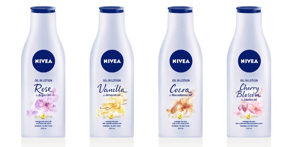 Packaging with Nivea Care Type, body lotion