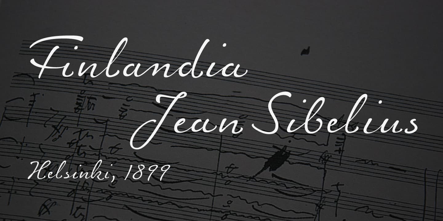FinlandiaScript superimposed on sheet music by Sibelius