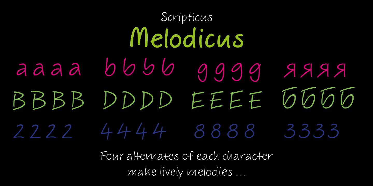 Scripticus’ four alternates for letters and numbers give texts a natural look.